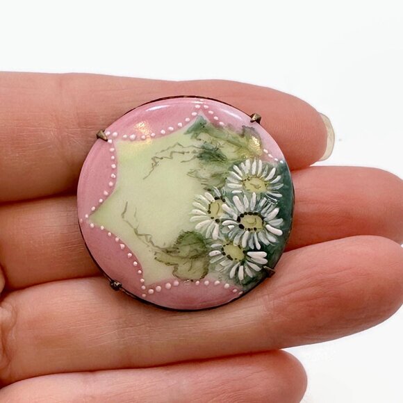 Jewelry - Victorian Brooch, Hand-painted, Porcelain, Flowers, Daisy, Pink, C Clasp, Unique